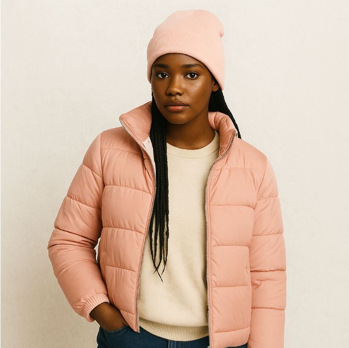 Une femme porte le Bonnet Doublé Satin Rose 