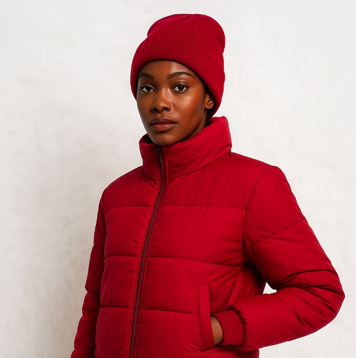 Une femme porte le Bonnet Doublé Satin Rouge