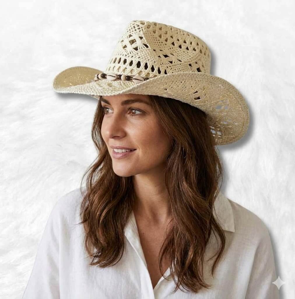 chapeau cowboy paille et coquillage porter par une femme 