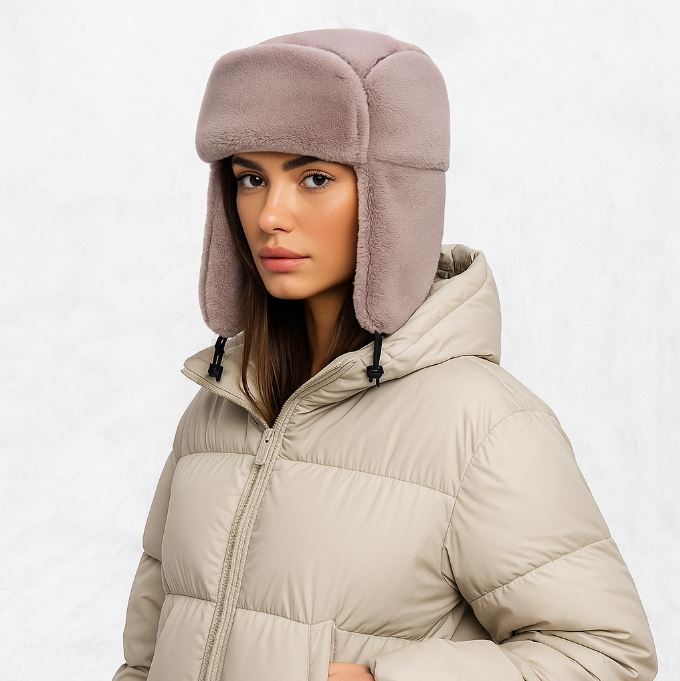 Une femme porte cette chapka grand froid rose pale